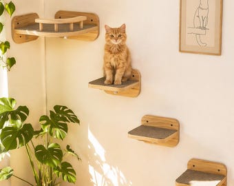 Estantes de esquina para gatos montados en la pared con cama / Muebles modernos de pared para gatos con 3 escalones / Perchas flotantes para gatos / Escaleras de ascenso para gatos de interior