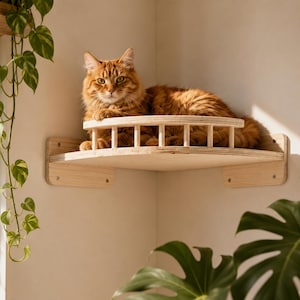 Op de afbeelding: Houten kattenplank voor in de hoek, met een afgeronde bovenkant en een reling. Een oranje tabbykat ligt op de plank. De plank is met beugels aan de muur bevestigd, waardoor een gezellige ruimte ontstaat.