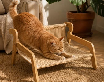 Cama rascador de sisal 2 en 1 para gatos / Sofá hamaca elevado para gatos con estructura de madera / Muebles modernos para gatos de interior
