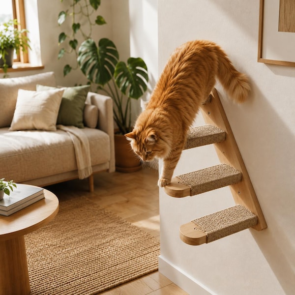 Wall Mounted Cat Shelves with Ladder & Scratcher | Wooden Cat Climbing Steps for Indoor Cats | Modern Cat Wall Furniture