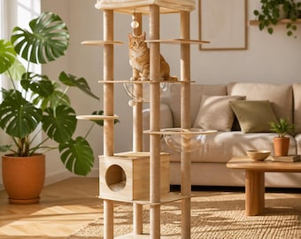 Albero per gatti in legno per gatti di grossa taglia con ciotole in acrilico / Torre per gatti moderna con trespolo, grotta e tiragraffi / Mobile di lusso per gatti