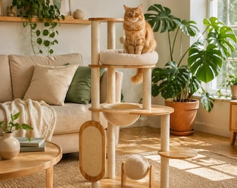 Solid Wood Cat Tree Tower for Large Cats | Multi-Level Cat Climbing Frame with Beds & Scratching Posts | Modern Cat Furniture