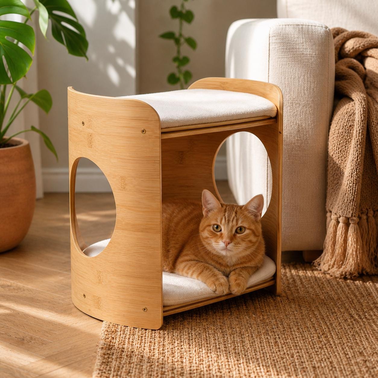 Lit Colonne Pour Chat À 2 Niveaux Avec Coussins Lavables | Meubles En Bois Lits Doubles Canapé Moderne Et Confortable Chats D'intérieur