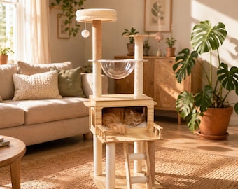 White & Wood Cat Tree Tower 147cm | Multi-Level Cat Condo with Scratching Posts | Modern Cat Furniture for Indoor Cats