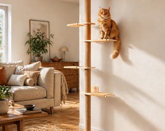 Tall Wall Mounted Cat Tree 83.9” | Modern Cat Wall Shelves with Scratching Post | Wooden Cat Climbing Tower for Indoor Cats