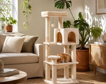Arbre à chat à plusieurs niveaux avec hamac et condo | Peluche pour chat avec griffoirs | Meubles modernes pour chats d'intérieur