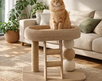 Torre rascador pequeña para gatos con casita y percha / Poste rascador para gatitos / Juguete interactivo moderno para gatos de interior