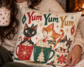 Vintage Christmas Cats Cocoa Yum Yum Yum Poly Velvet Pillow, Cat Lover Gift For Her, Christmas Cats Hot Cocoa Decor