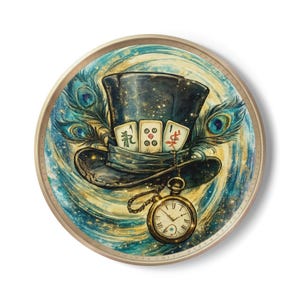 MADjong Magic Top Hat Ceramic Coaster Graphic Print | Mahjong Game Tiles, Pocket Watch, Peacock Feathers, Time Warp, Mahjong Gift