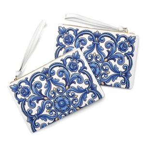Blue Floral Tile Pattern Clutch Bag | Ceramic-Inspired Swirl Design