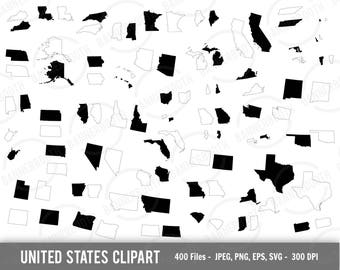 May include: Black and white outline illustrations of the United States of America. Each state is individually outlined. The text "UNITED STATES CLIPART" and "400 Files - JPEG, PNG, EPS, SVG - 300 DPI" is at the bottom of the image.