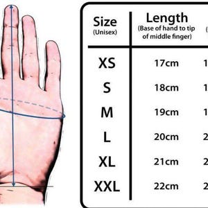 Puede incluir: Diagrama que muestra las medidas de la mano para el tallaje de guantes. La imagen incluye una mano con l&iacute;neas que indican las medidas de longitud y anchura en cent&iacute;metros. Una tabla enumera las tallas XS a XXL, con longitudes de 17 cm a 22 cm y anchuras de 17,5 cm a 23,5 cm.