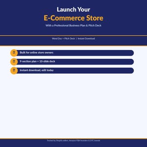 May include: A navy blue graphic with the text "Launch Your E-Commerce Store" in yellow. The image promotes a professional business plan and pitch deck, with features like a 9-section plan and instant download. The text "Built for online store owners" is also included.