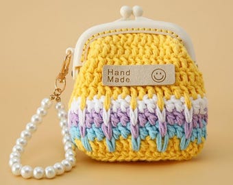 Handmade Crochet Coin Purse, Kiss Lock Mini Pouch with Pearl Chain, Cute Knit Change Purse, Earbud Holder, Small Gift for Her