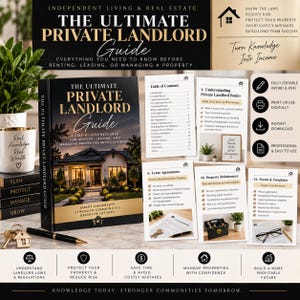Może przedstawiać: Czarna książka zatytułowana The Ultimate Private Landlord Guide z obrazkiem domu na okładce, wraz z kilkoma stronami informacyjnymi dotyczącymi umów najmu, konserwacji i formularzy, a także długopisem i brelokiem w kształcie domu.