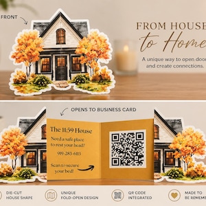 Puede incluir: Tarjeta de visita con forma de casa con un diseño único de apertura plegable. La parte delantera presenta una ilustración de una casa con follaje otoñal. En el interior, un código QR y el texto: "The 11:59 House".