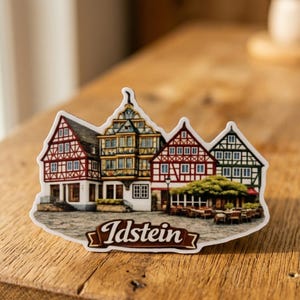 Puede incluir: Un imán de recuerdo colorido con una ilustración detallada de edificios históricos en Idstein, Alemania. El imán muestra detalles arquitectónicos rojos, blancos y verdes, con el nombre de la ciudad en una pancarta.