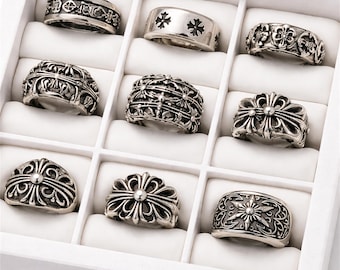 Anillo CH Vintage con Cruz, Anillo de Pareja de Plata de Ley 925, Anillo Gótico Punk, Anillo Minimalista Y2K, Joyería Unisex con Cruz, Regalo para Él