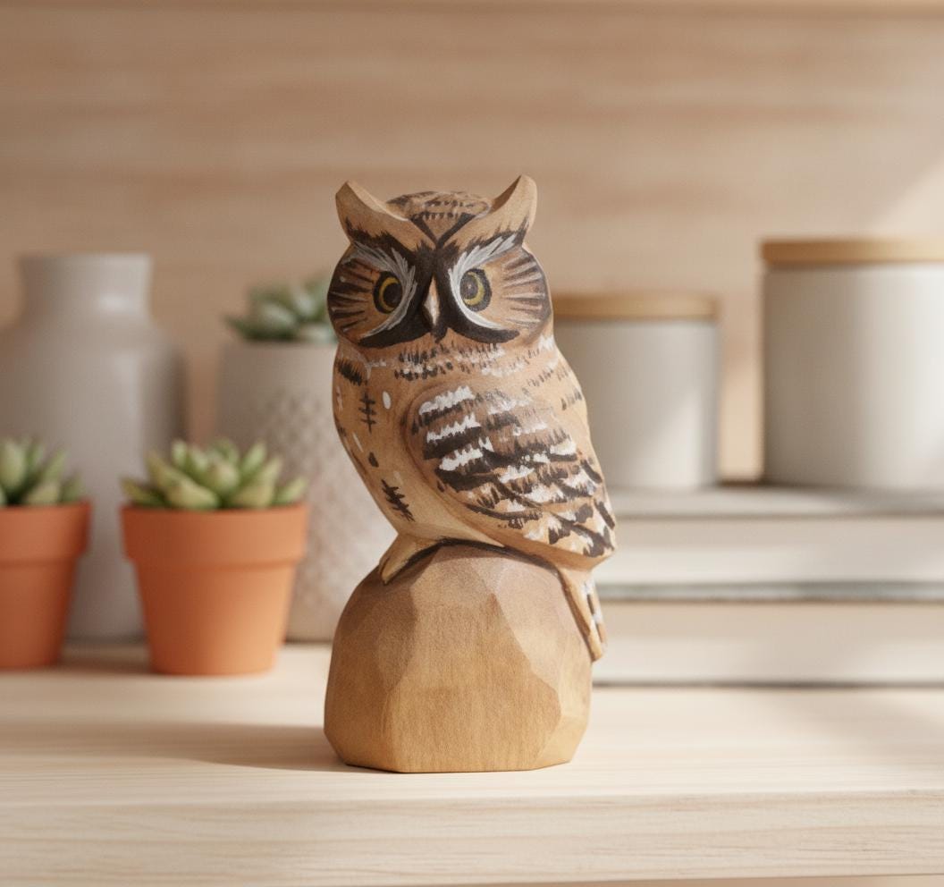 Hand Carved Wooden Owl Figurine Snowy Owl Statue Folk Art Home Decor Desktop Ornament Natural Wood A