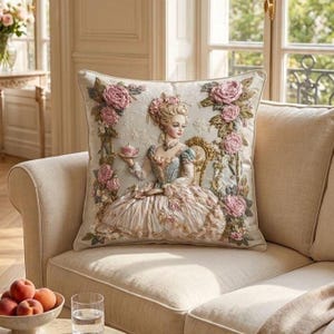 Può includere: Cuscino quadrato decorativo con un design ricamato dettagliato di una donna in abito d'epoca che tiene una tazza da tè, circondata da rose rosa. Il cuscino color crema poggia su un divano beige, creando un'estetica vintage.