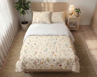 Set di biancheria da letto color beige con motivo giardino fiorito