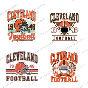 Puede incluir: Cuatro diseños gráficos con temas de fútbol de Cleveland que incluyen cascos naranjas, el texto Cleveland, los años 1946 y la palabra Football. Cada diseño utiliza una textura desgastada con esquemas de color naranja, marrón y blanco.