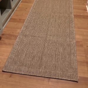 Washable Flatweave Runner Rug, Solid Brown Bordered Farmhouse Hallway Carpet