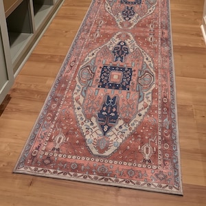 Ziegel Oushak Läufer Teppich - Vintage türkische Floral Flur Läufer, waschbar, rutschfester Rückseite