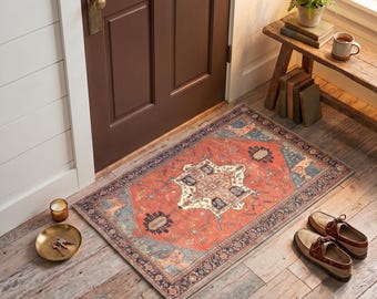 Terracotta Oushak Mini Rug, Vintage Boho Doormat, Washable Non-Slip
