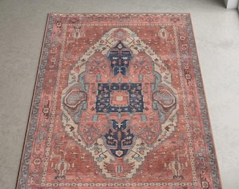 Vintage-Teppich „Oushak“ aus der Türkei, Terrakotta-farbener Teppich mit Blumenmuster im Landhausstil, waschbar, Boho-Dekor