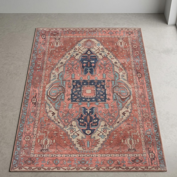 Vintage Turkish Oushak Rug, Terracotta Floral Farmhouse Area Carpet, Washable Boho Decor