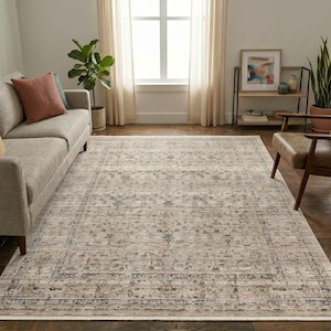 Muted Sage Medallion Rug, Distressed Beige, Pet Friendly, Low Pile, Machine Washable (Fringed)