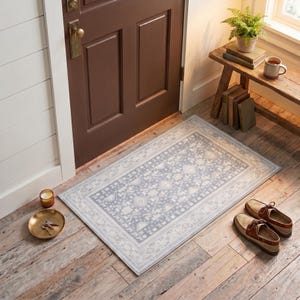 Vintage Oushak Doormat, Light Grey Ivory Mini Rug, Distressed Turkish Entryway Mat (Washable, Non-Slip)