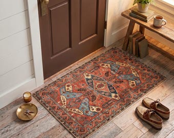 Vintage Oushak Doormat, Terracotta Tribal Turkish Rug, Washable Non-Slip Entryway Mat
