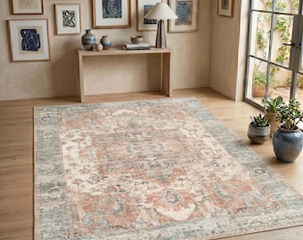 Vintage Boho Oushak Rug, Terracotta Medallion Turkish Carpet, Washable Non-Slip Area Rug