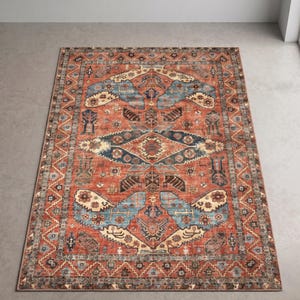 Alfombra Oushak Boho vibrante, alfombra tribal turca en terracota y turquesa, alfombra lavable antideslizante.