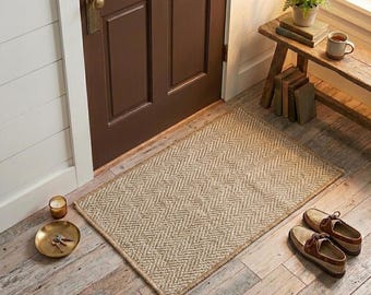Washable Herringbone Door Mat, Brown Low Pile Entryway Rug, Textured Sisal Look, Flatweave Porch Mat