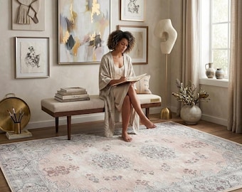 Dywan Oushak w kolorze różowego złota, turecki dywan w kwiaty w stylu vintage, zmywalny, z krótkim włosiem, dekoracja domu