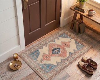 Vintage Oushak Turkish Rug, Navy Sand Doormat, Washable Non-Slip Kitchen Accent Rug