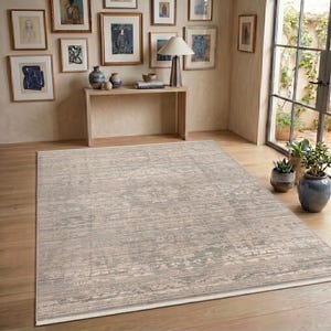 Washable Stone Grey Medallion Rug, Pet Friendly Ivory Runner, Distressed Low Pile Mat