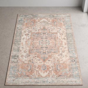 Vintage Boho Oushak Rug, Terracotta Medallion Turkish Carpet, Washable Non-Slip Area Rug