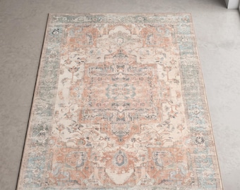 Vintage Boho Oushak Rug, Terracotta Medallion Turkish Carpet, Washable Non-Slip Area Rug