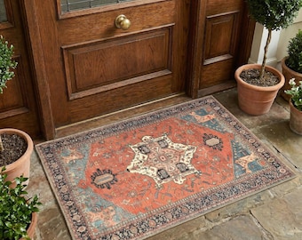 Terracotta Oushak Mini Rug, Vintage Boho Doormat, Washable Non-Slip Kitchen Runner
