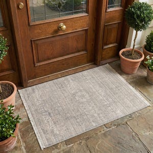 Washable Doormat Rug, Grey Beige Fringed Entryway Carpet, Pet Friendly Distressed Pad