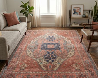 Vintage Turkish Oushak Rug, Terracotta Floral Farmhouse Area Carpet, Washable Boho Decor