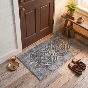 Grey Oushak Mini Rug, Washable Doormat, Vintage Turkish Kitchen Runner, Non Slip Entryway Mat