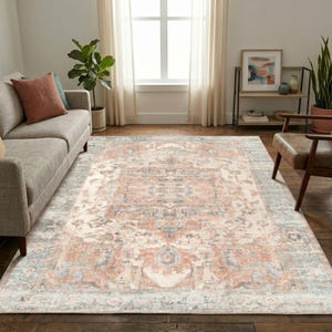 Vintage Boho Oushak Teppich, Terrakotta Medaillon türkischer Teppich, waschbarer rutschfester Teppich