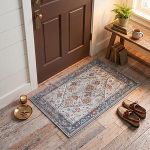May include: A rectangular area rug featuring a faded, distressed pattern in shades of gray, blue, and burnt orange. The rug has a central diamond motif surrounded by a floral border, placed on a wooden floor in front of a dark brown door.