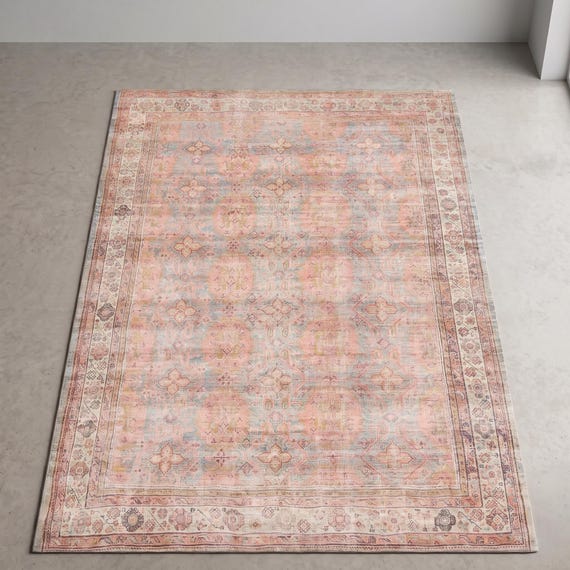 Vintage Boho Oushak Rug, Peach Gold Earthy Decor, Washable Rug Non-Slip (Foldable)