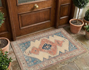 Vintage Turks Oushak-vloerkleed, marineblauwe zanddeurmat, wasbaar antislip keukenaccenttapijt